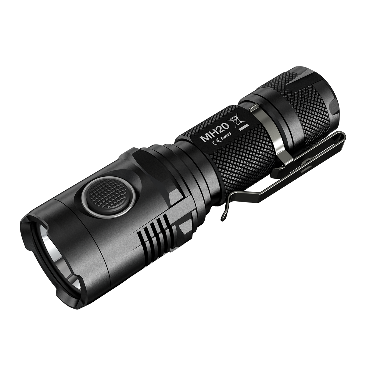 Black Tactical Flashlight With Side Button And Textured Grip Clean Cutout Transparent PNG Image