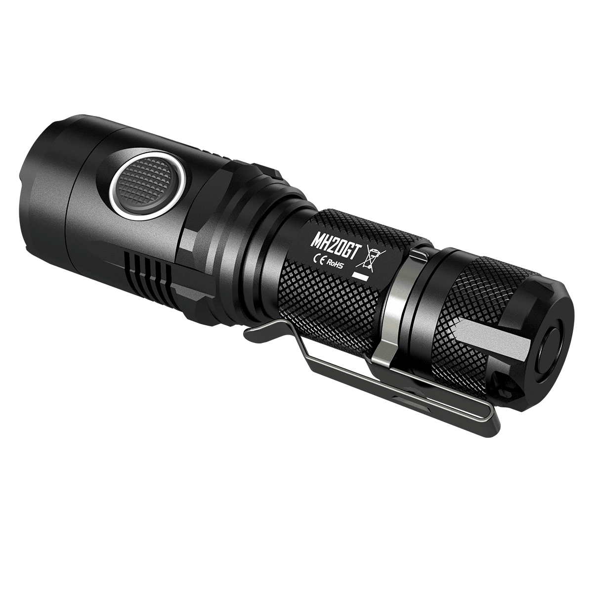 Black Tactical Flashlight With Visible Internal LED Assembly Isolated Flashlight PNG Artwork