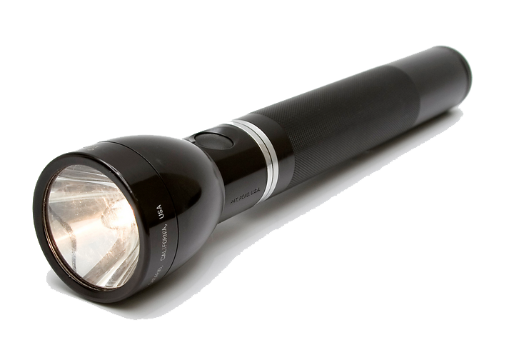 Long Black Tactical Flashlight With Silver Side Ring PNG Flashlight Image For Design