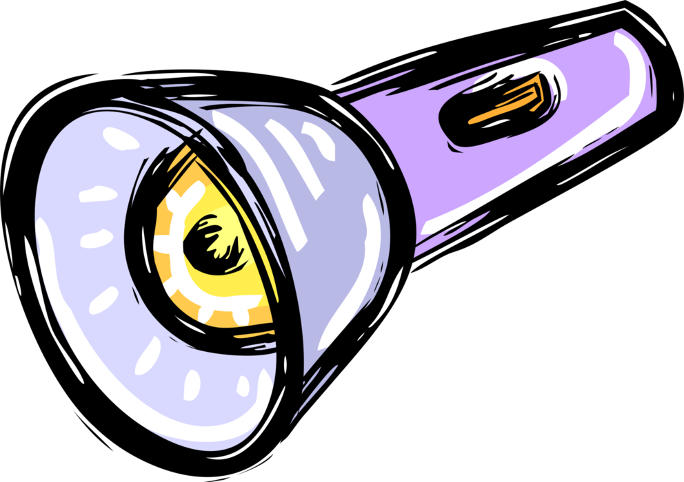 Purple Cartoon Flashlight With Bright Yellow Lens Isolated On Transparent Background