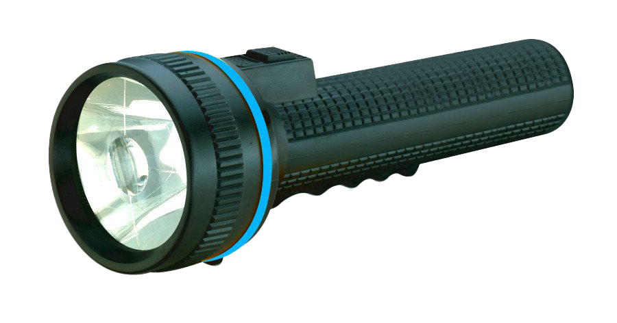 Teal And Black Textured LED Flashlight Side View PNG Clip Art On Clear Background