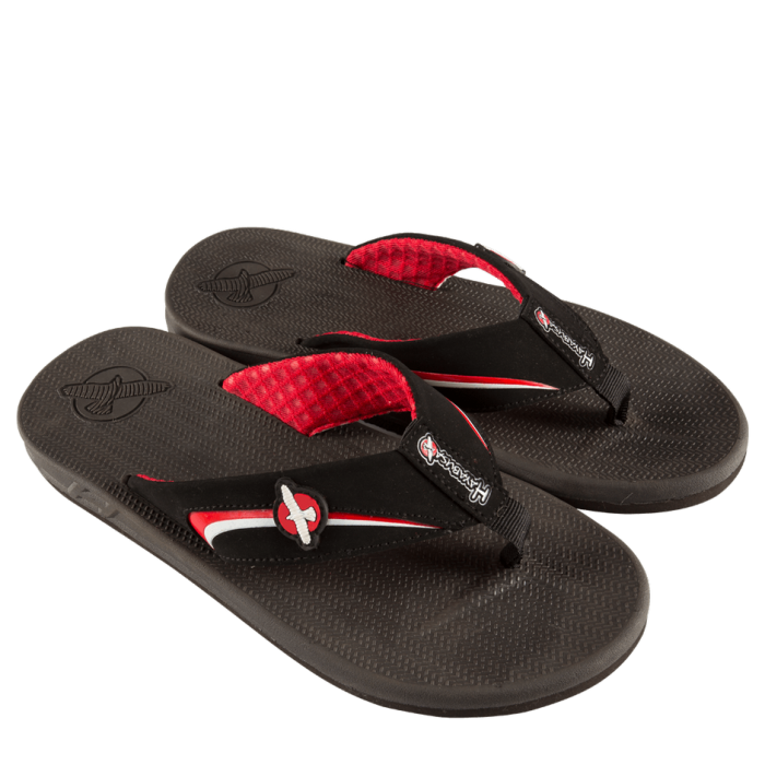 Black Flip Flops With Red And White Athletic Stripes Isolated On Transparent Background