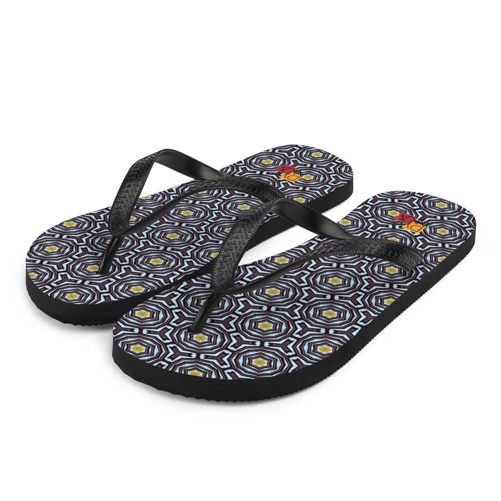 Dark Gray Flip Flops With Blue And Yellow Patterned Footbeds Isolated On Transparent Background