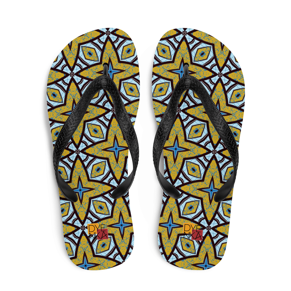 Ornamental Blue Yellow And Black Patterned Flip Flops Clean Cutout Transparent PNG Image