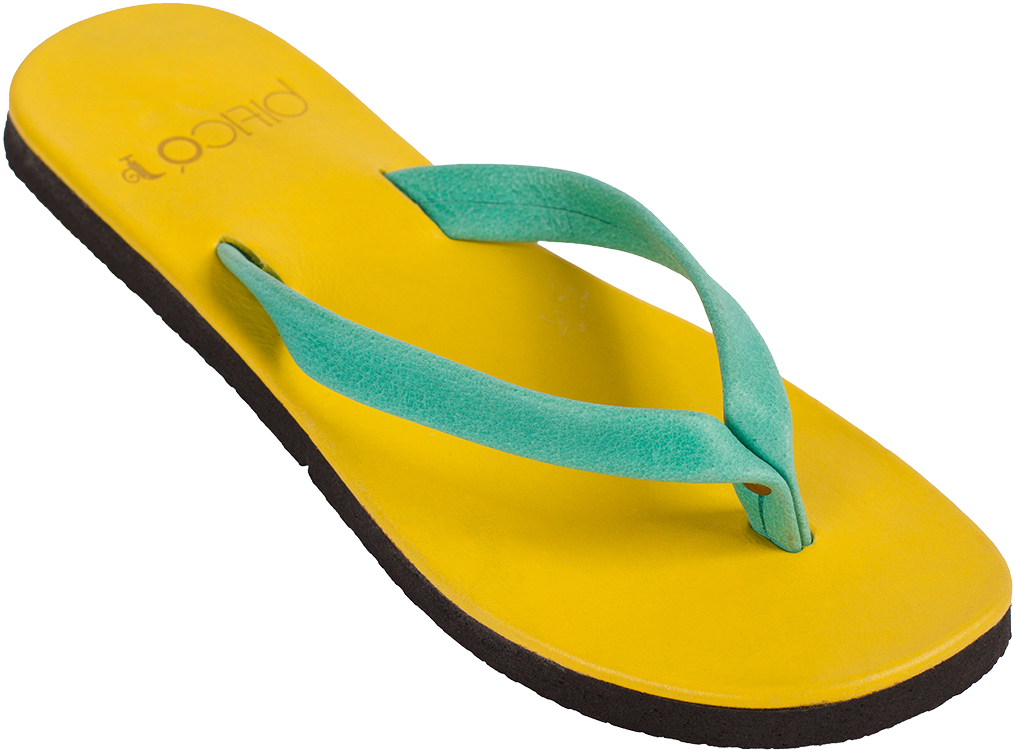 Yellow And Green Tropical Print Flip Flop Sandal PNG Cutout With Clear Background
