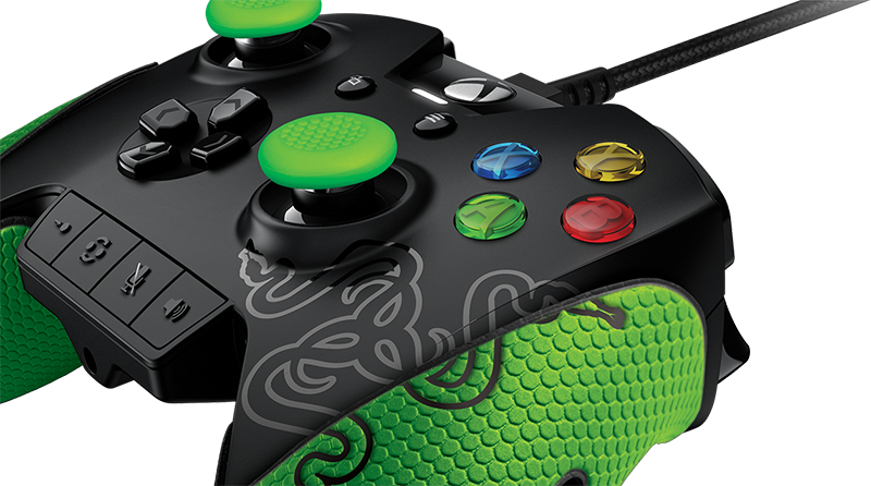 Black And Green Wired Gaming Controller Close Up Printable PNG Graphic With Transparent Background