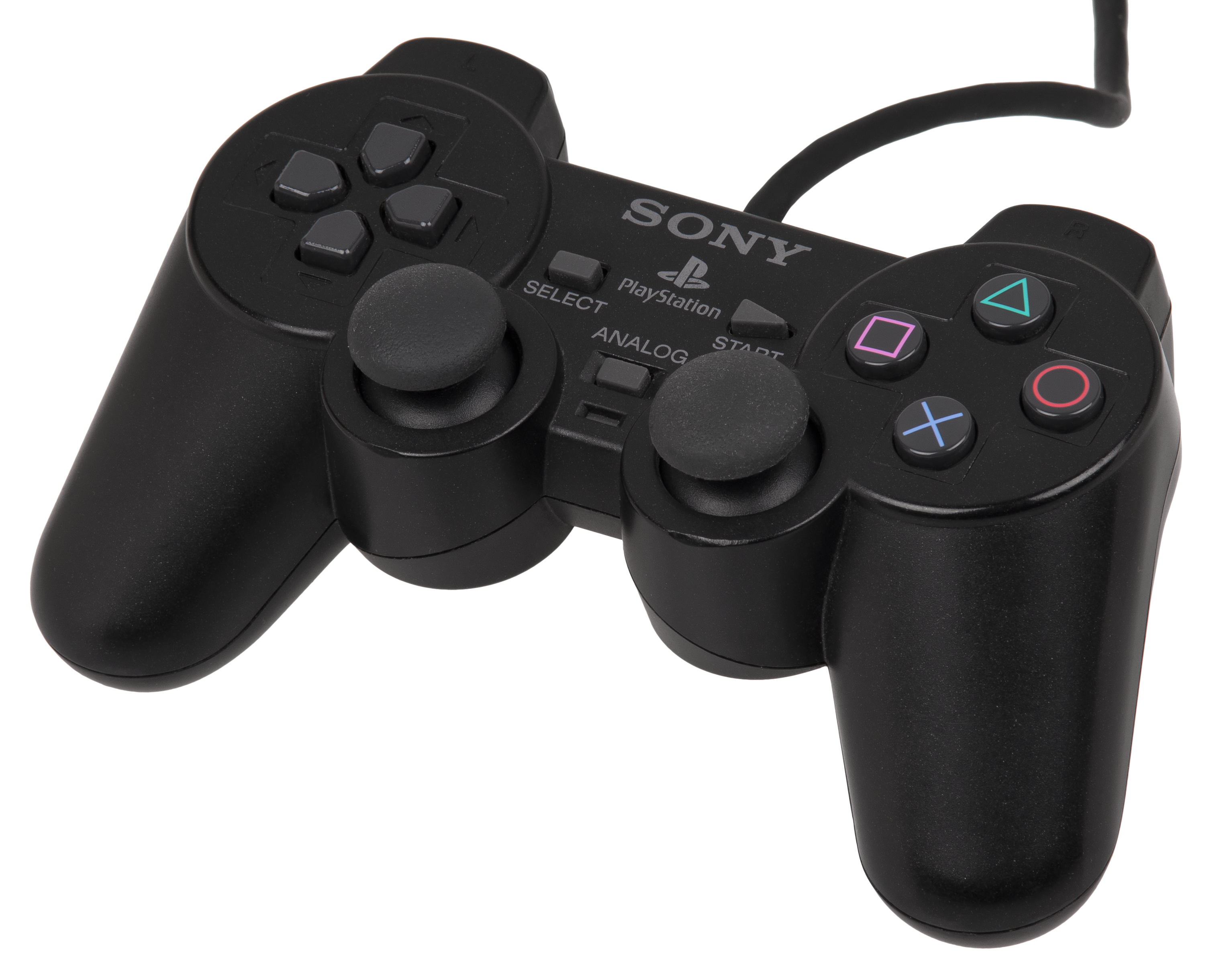 Black Dual Analog PlayStation Style Controller With Cable PNG Image With Transparent Background