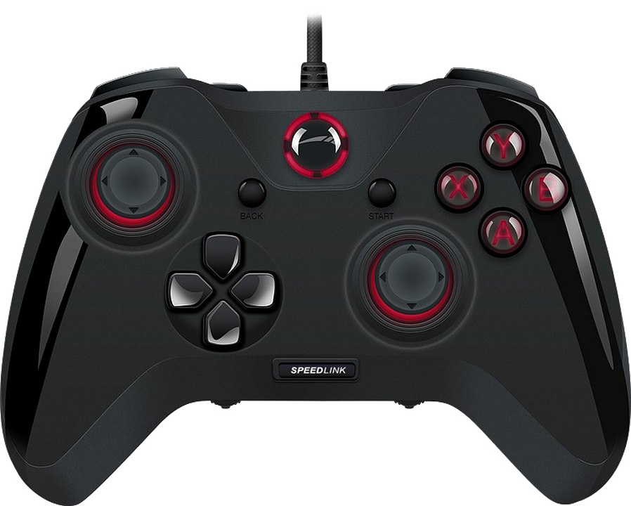 Black Wired PC Gamepad With Red Analog Stick Rings Transparent Background Gamepad PNG