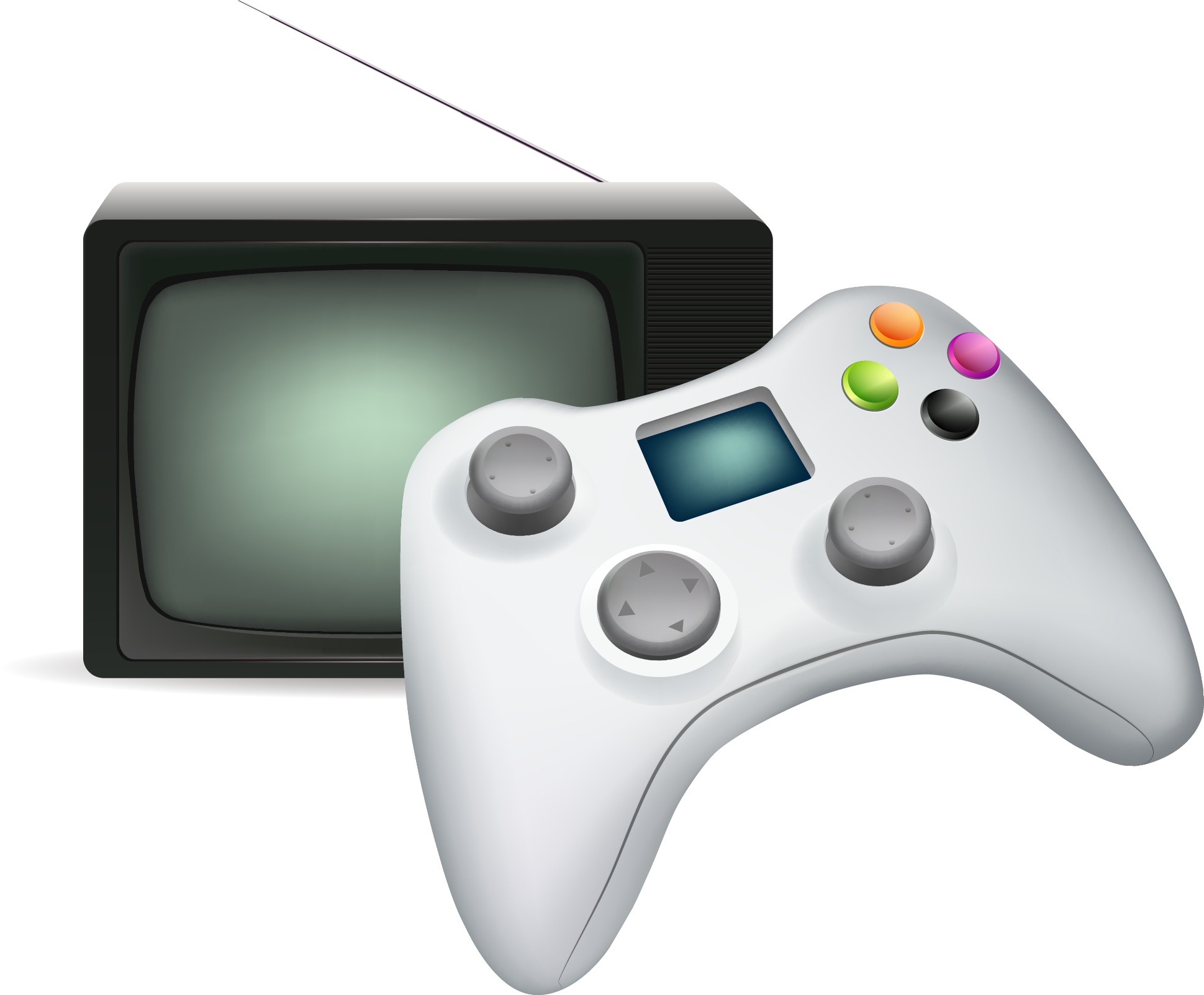 White Game Controller Beside Vintage Television Illustration Clean Cutout Transparent PNG Image