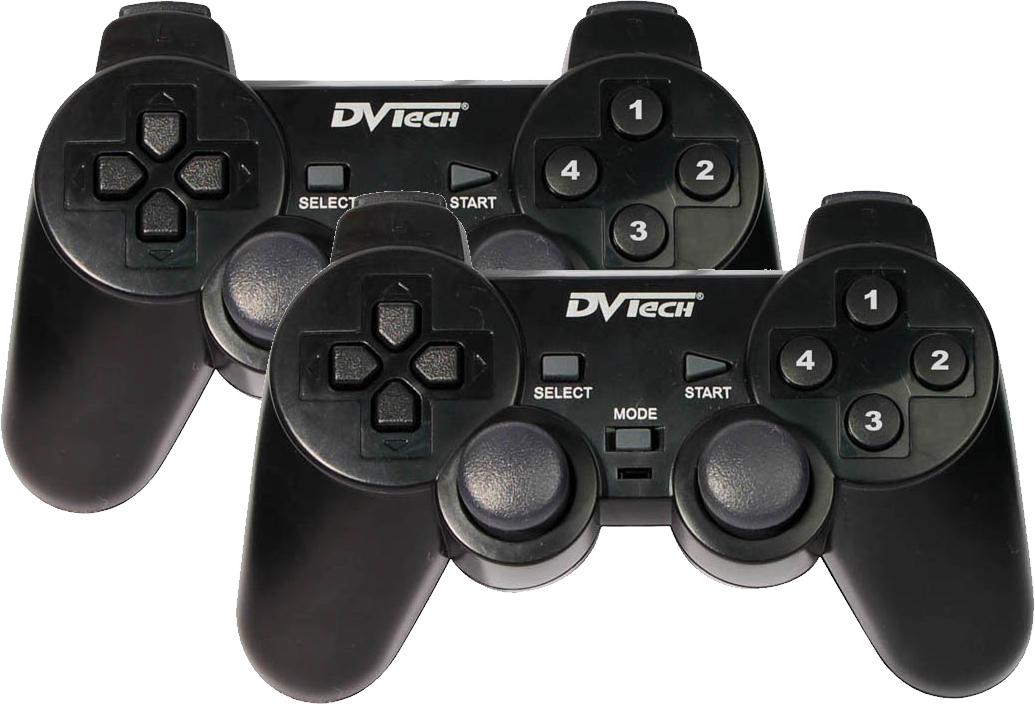 Two Black Wired Computer Gamepads Front View PNG Clip Art On Clear Background