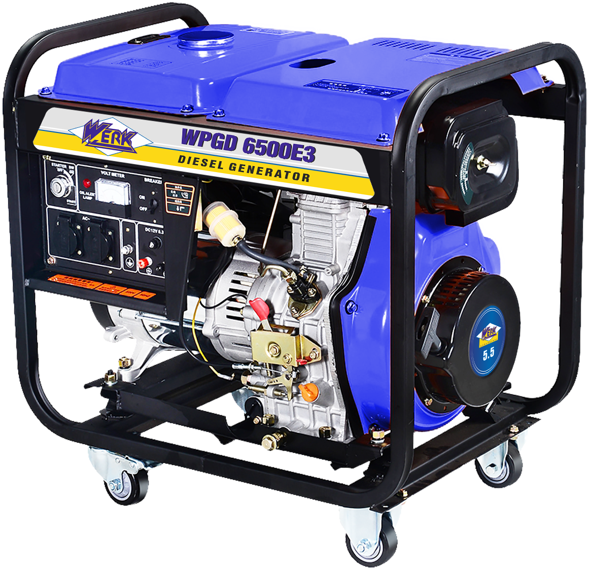 Blue Portable Generator With Wheels And Protective Frame Isolated Generator PNG Artwork