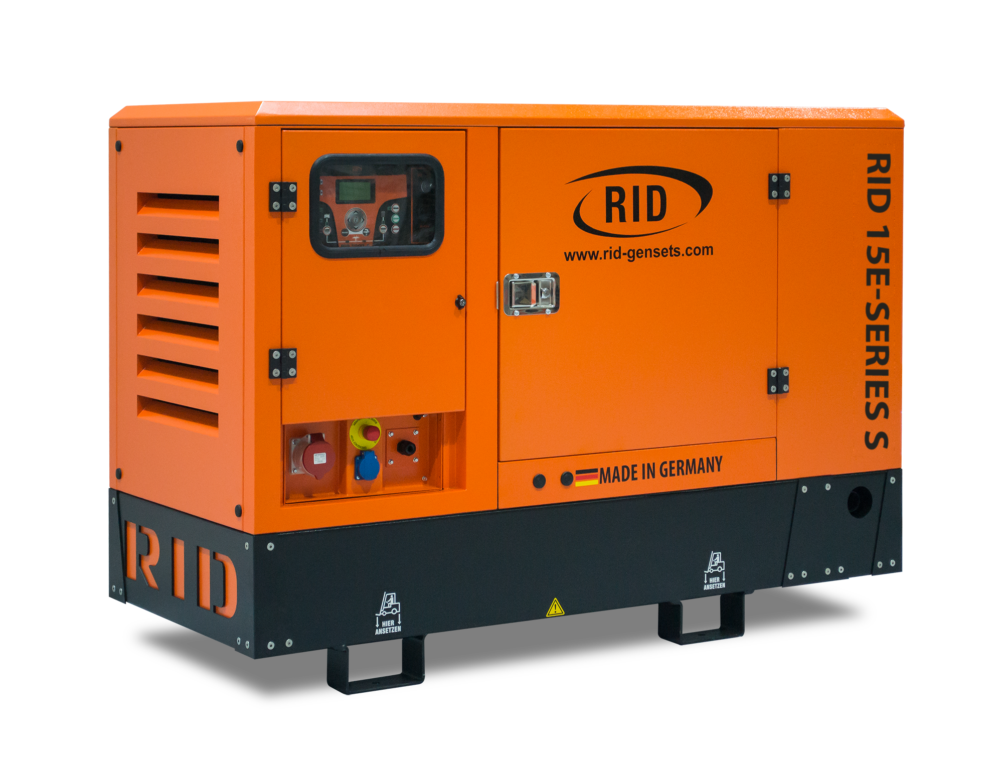 Orange Industrial Silent Generator Enclosure With Control Panel Printable PNG Graphic With Transparent Background