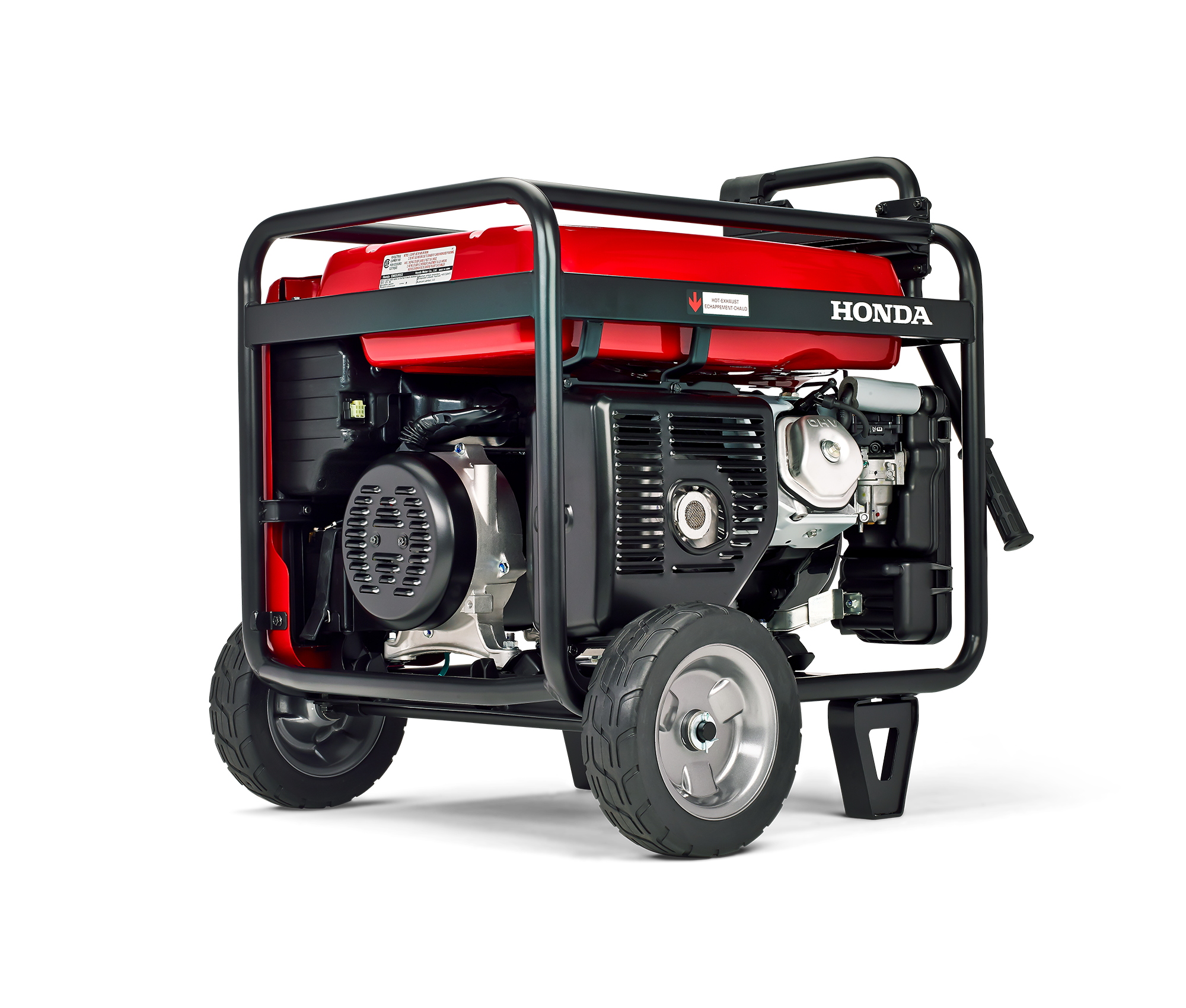 Red Open Frame Gasoline Generator With Two Transport Wheels PNG Cutout With Clear Background