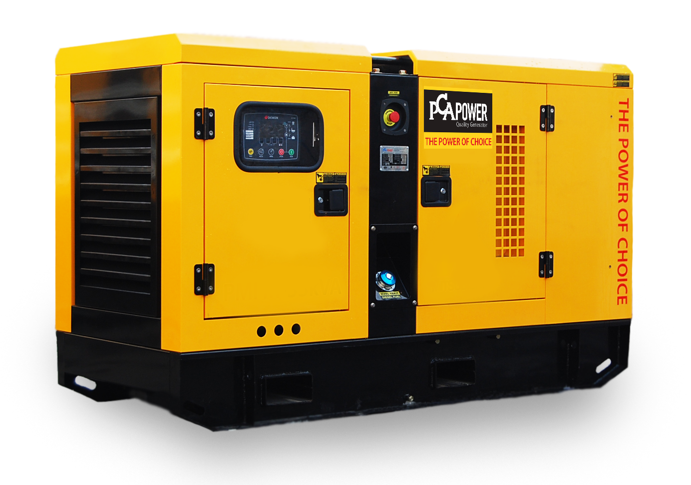 Yellow Industrial Diesel Generator Enclosure With Ventilation Isolated On Transparent Background