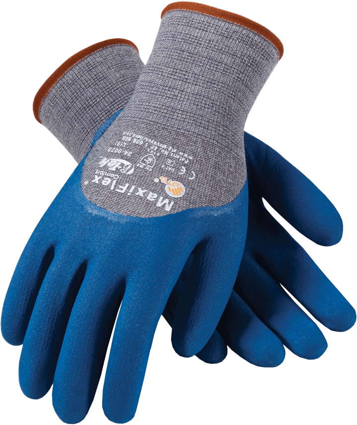 Blue And Gray Heavy Duty Work Gloves With Reinforced Grip PNG Cutout With Clear Background