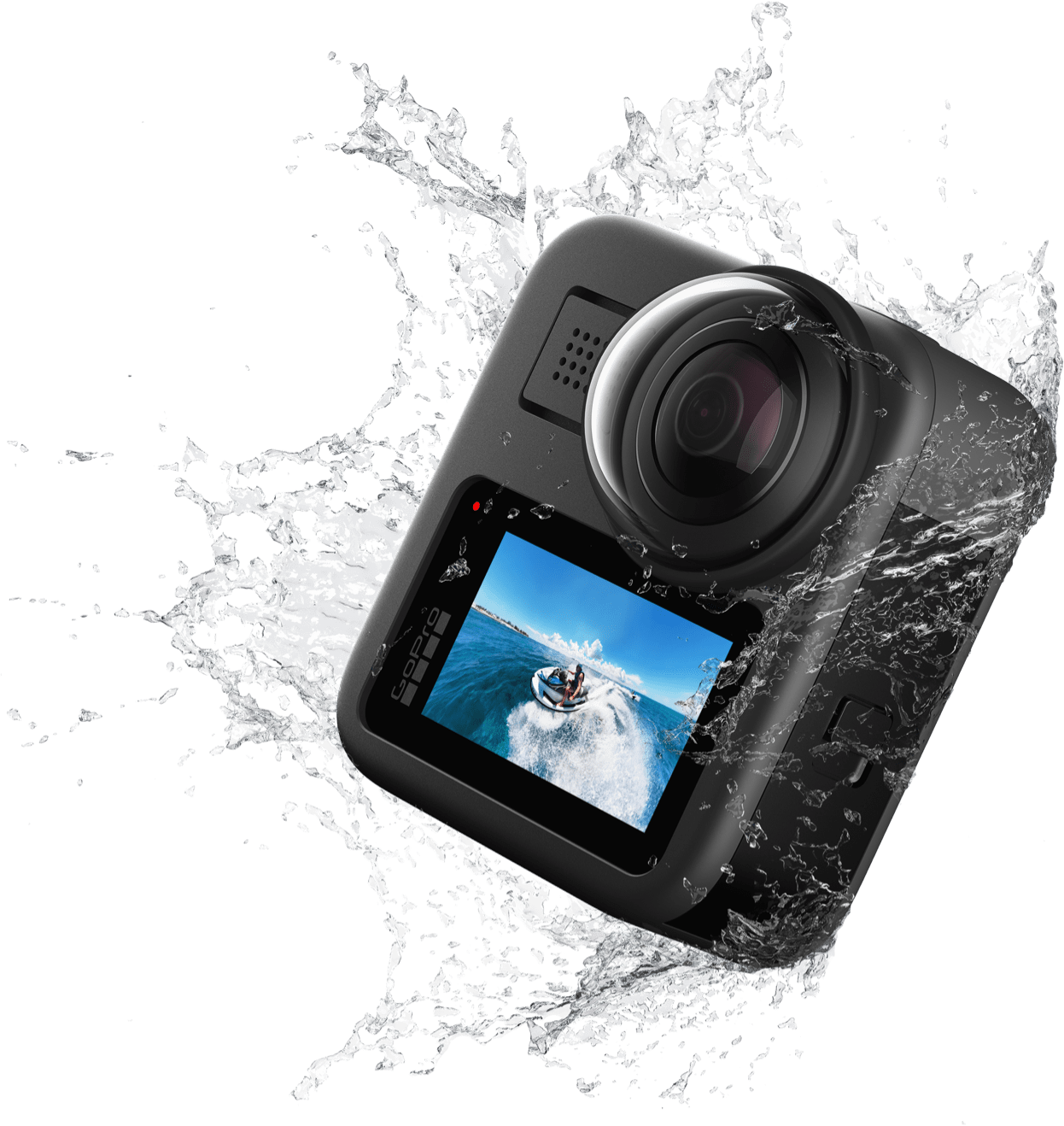 Black GoPro Camera Splashing Through Water Action Graphic Clean Cutout Transparent PNG Image