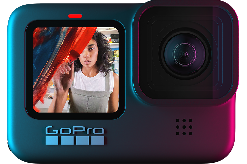 Blue And Purple GoPro Camera With Front And Rear Screens Transparent Background Camera Accessory PNG