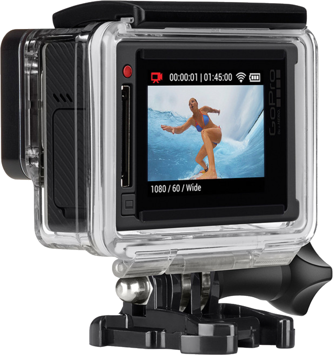 GoPro Action Camera In Waterproof Case With Rear Screen Isolated On Transparent Background