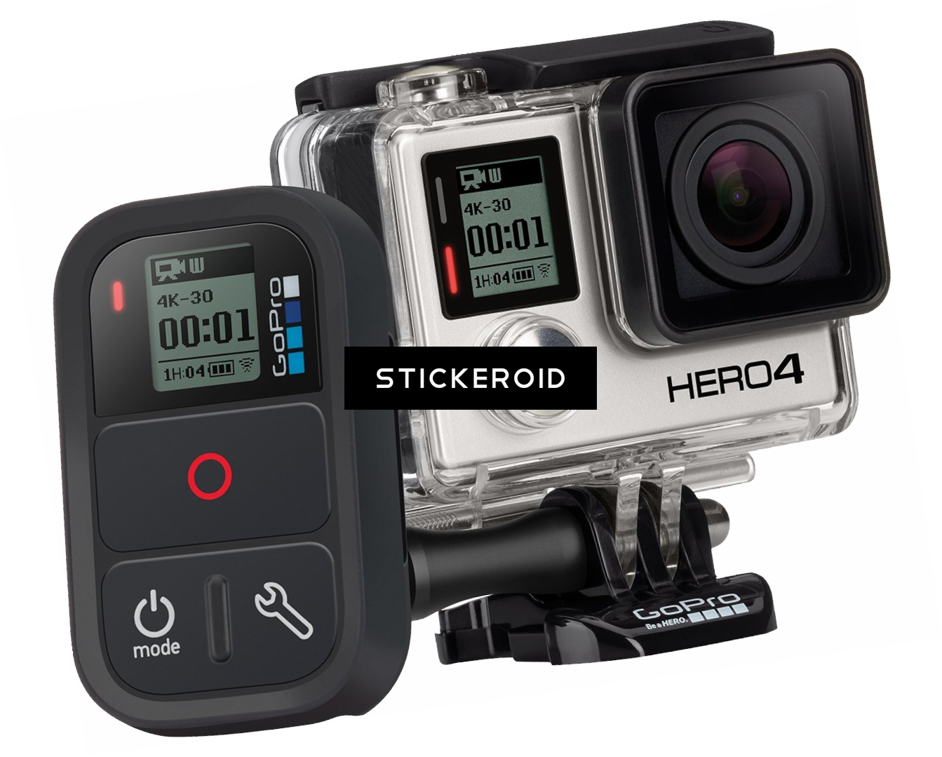 GoPro Camera Pair With Stickers And Product Mounts PNG Cutout With Clear Background