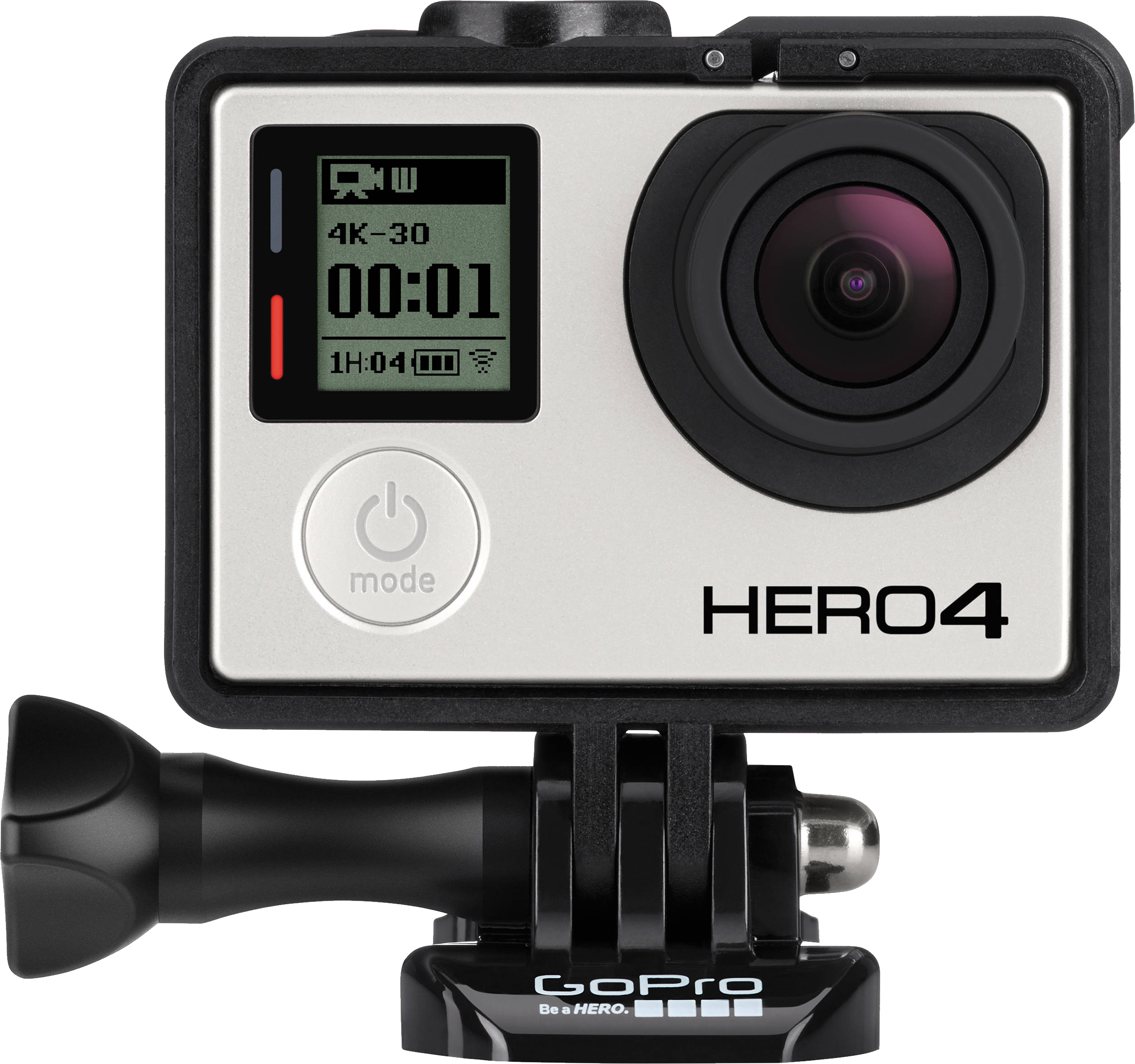 GoPro Hero Four Camera Front View With Black Mount Transparent Background PNG Image