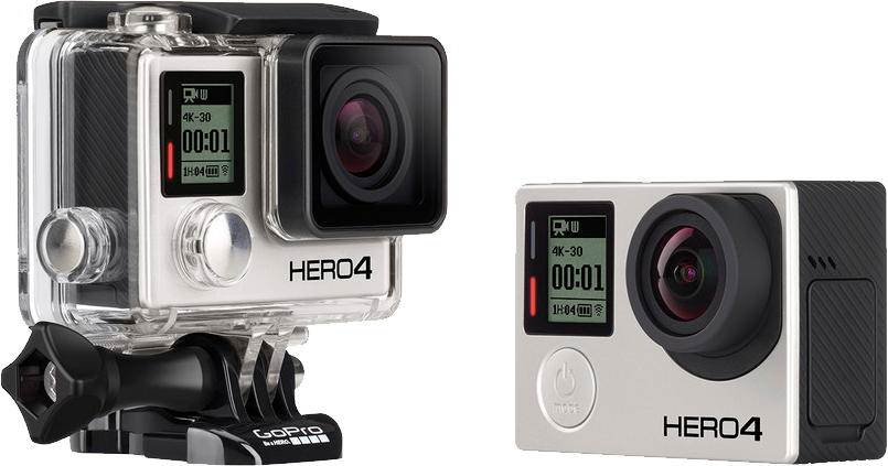 GoPro Hero Four Silver And Black Camera Pair Front View Printable PNG Graphic With Transparent Background