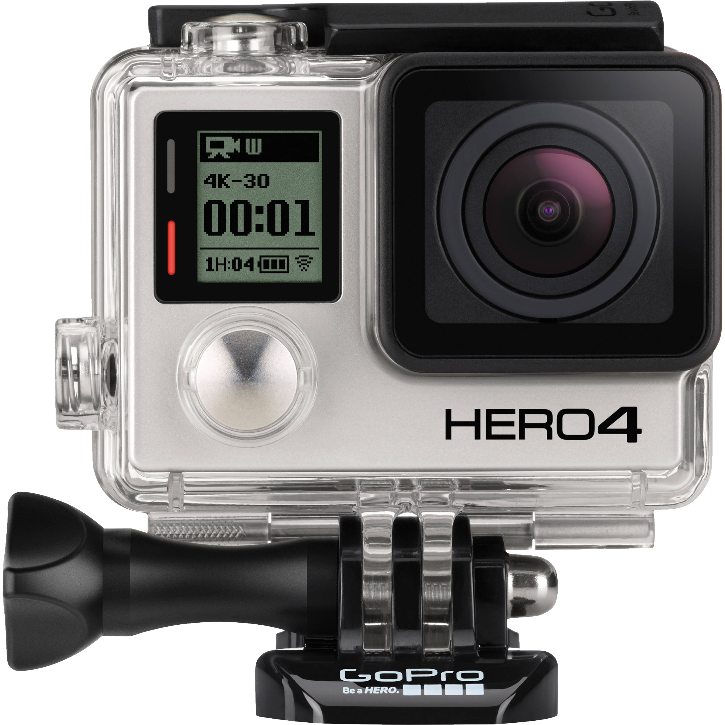 GoPro Hero Four Silver Camera In Clear Protective Case Isolated On Transparent Background