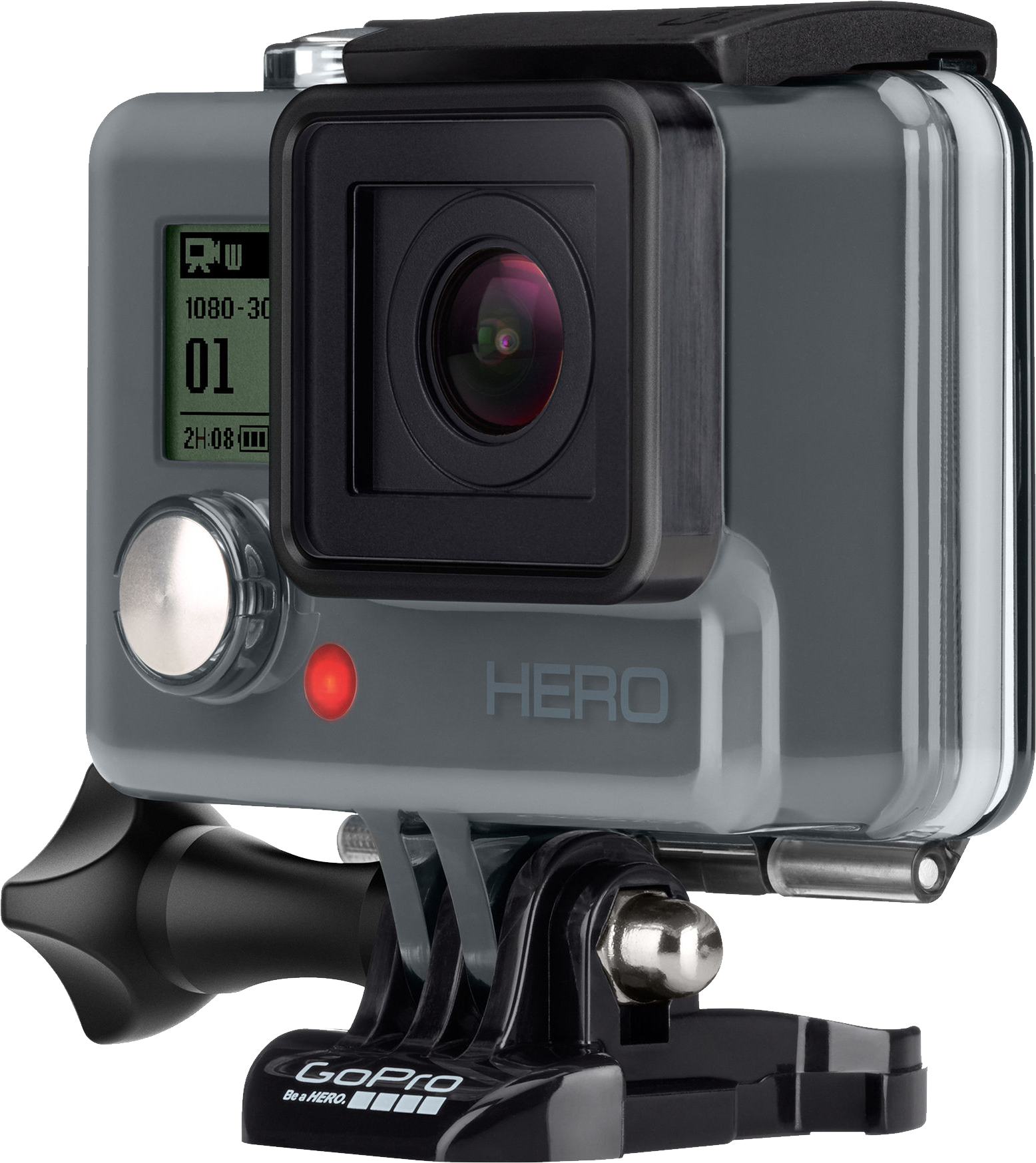 Silver GoPro Camera In Waterproof Housing With Hand Grip Mount Isolated On Transparent Background