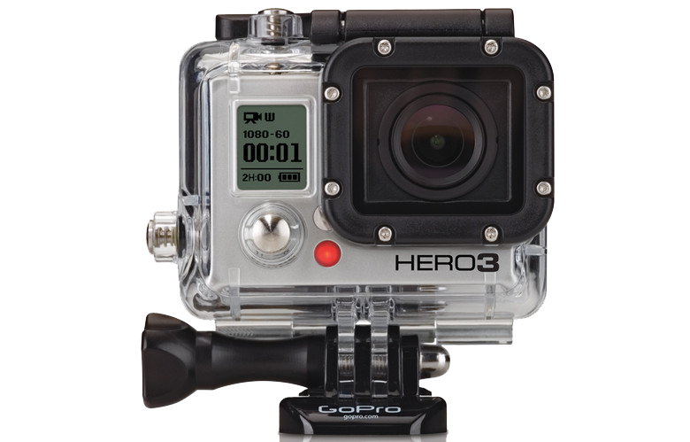 Silver GoPro Camera Inside Waterproof Housing With Mount High Resolution PNG Illustration