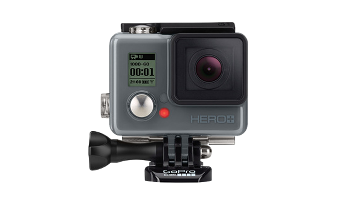 Silver GoPro Hero Four Action Camera On Small Mount Isolated On Transparent Background