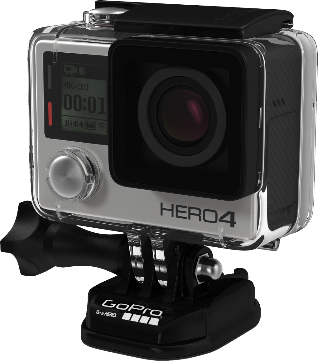 Silver GoPro Hero Four In Clear Underwater Protective Housing PNG Cutout With Clear Background