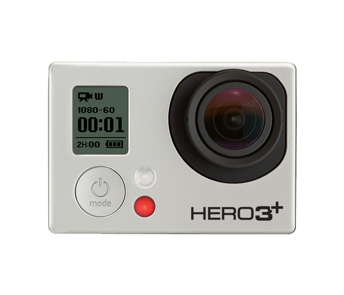 Silver GoPro Hero Three Plus Camera Front View PNG Camera Image For Design