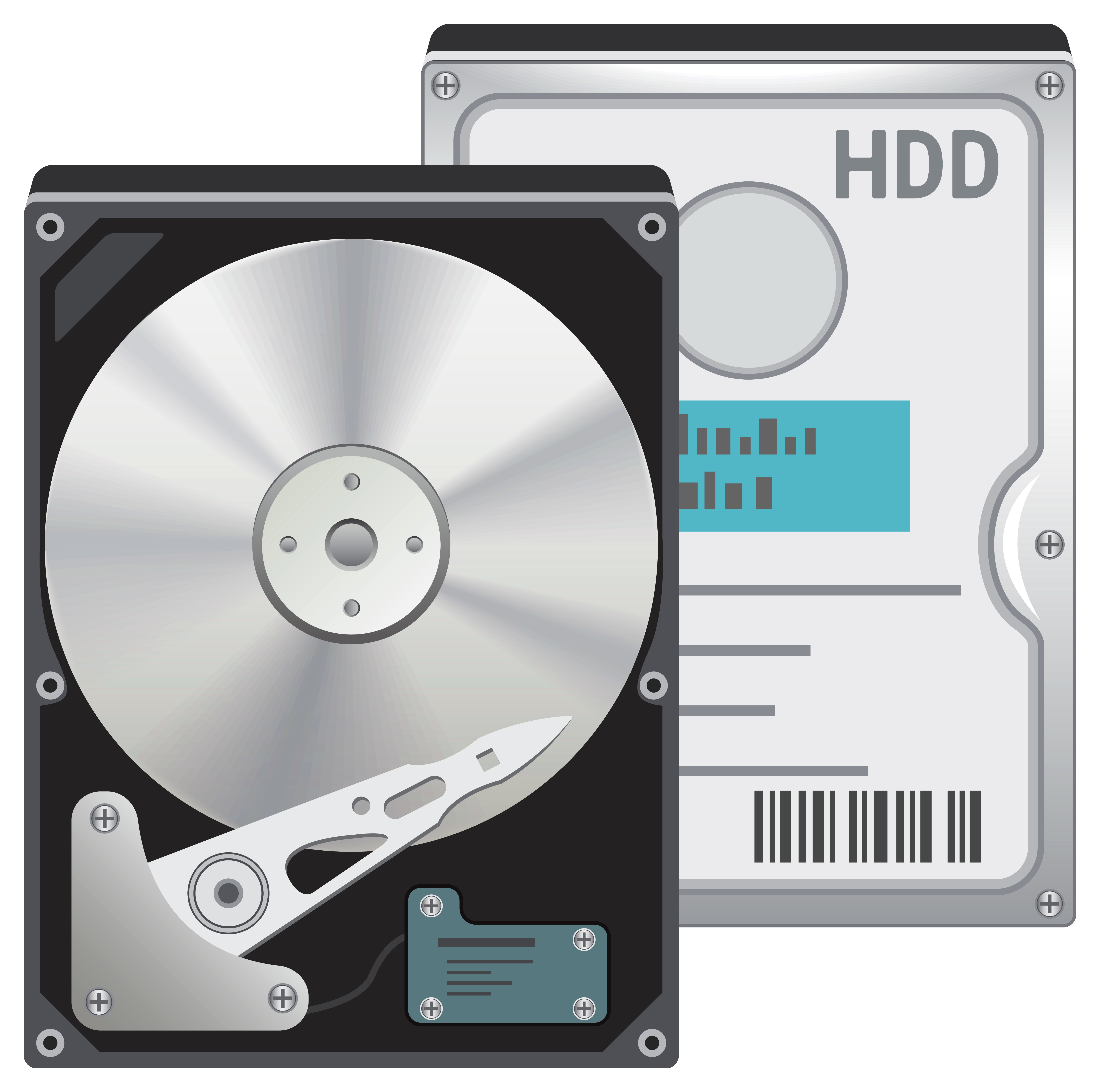 Hard Drive Product Comparison Showing Label And Internal Platter PNG Clip Art On Clear Background