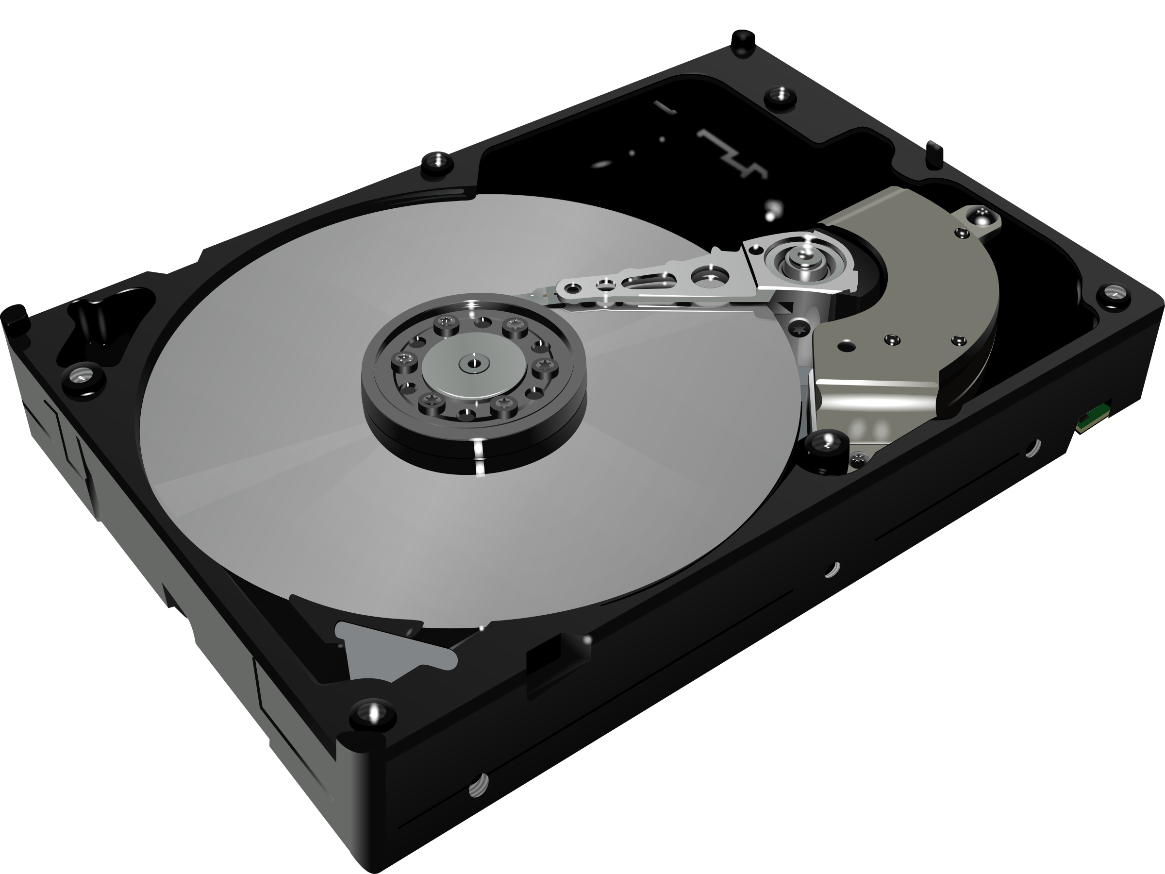 Open Hard Drive Showing Spinning Platter And Read Write Arm PNG Cutout With Clear Background