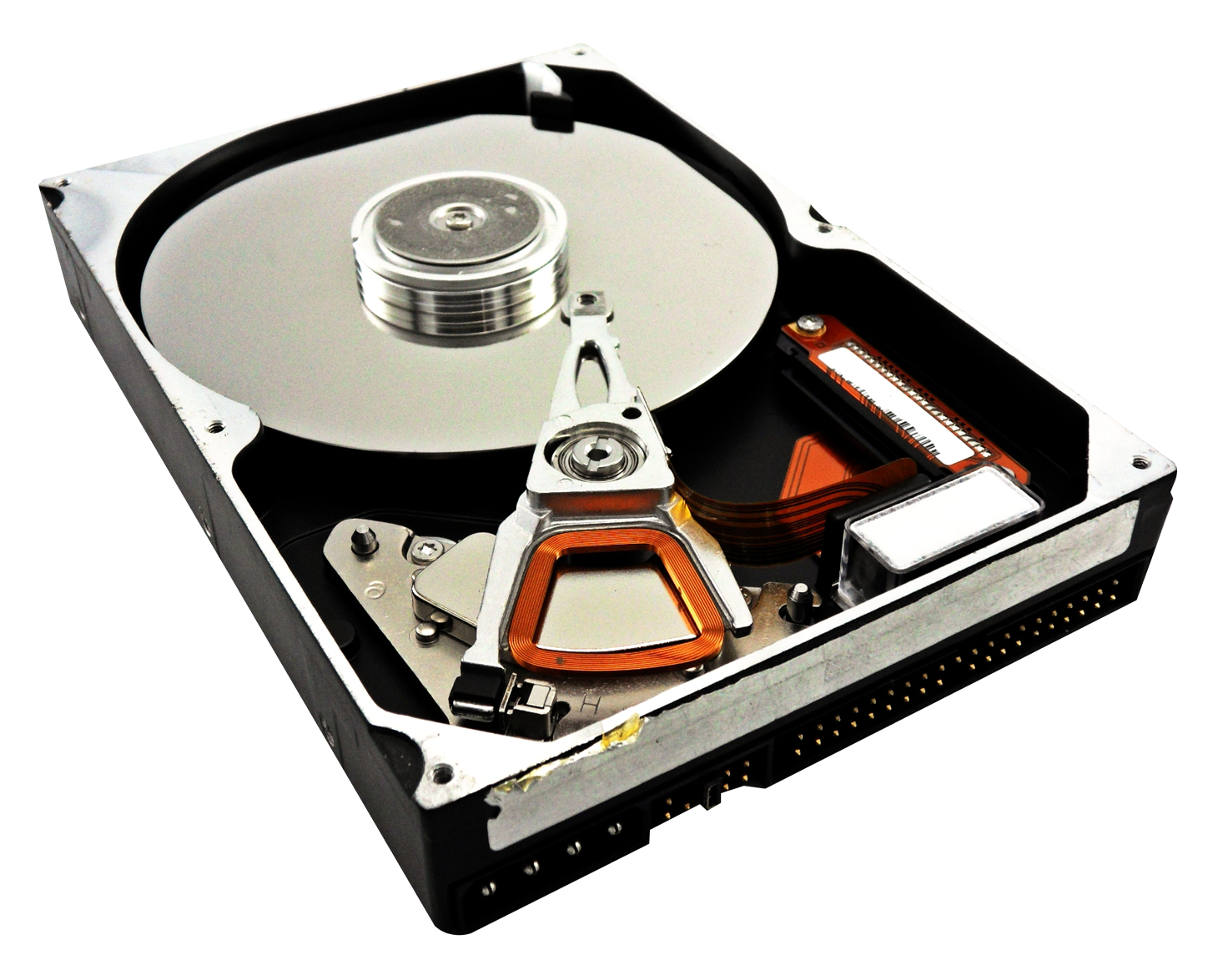 Opened Hard Disk Drive Cutaway With Orange Actuator Arm High Resolution PNG Illustration