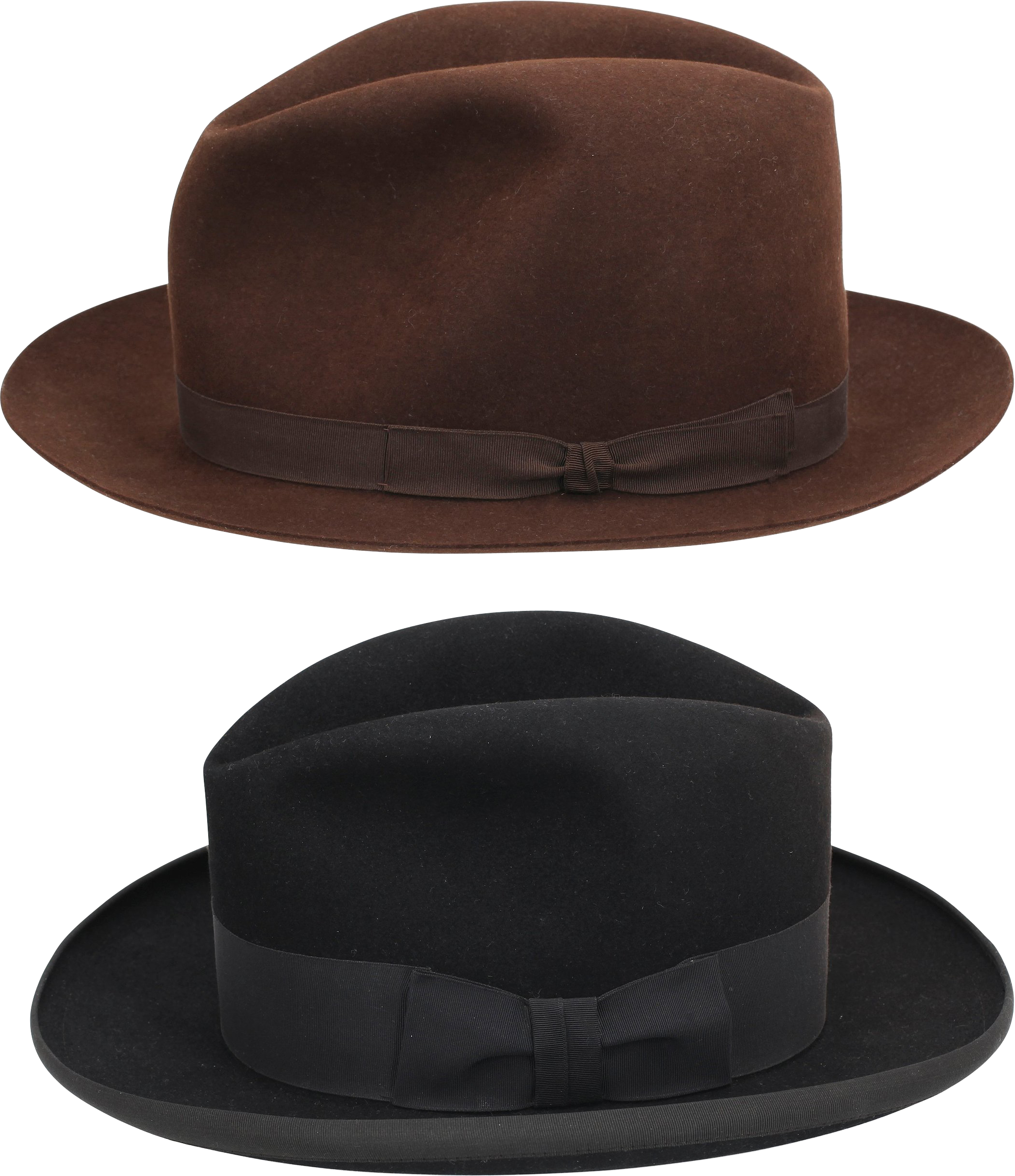 Brown Fedora Hat And Black Bowler Hat Pair High Resolution PNG Illustration