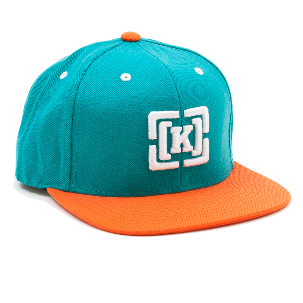 Teal Snapback Baseball Cap With Orange Brim And Front Logo PNG Cutout With Clear Background