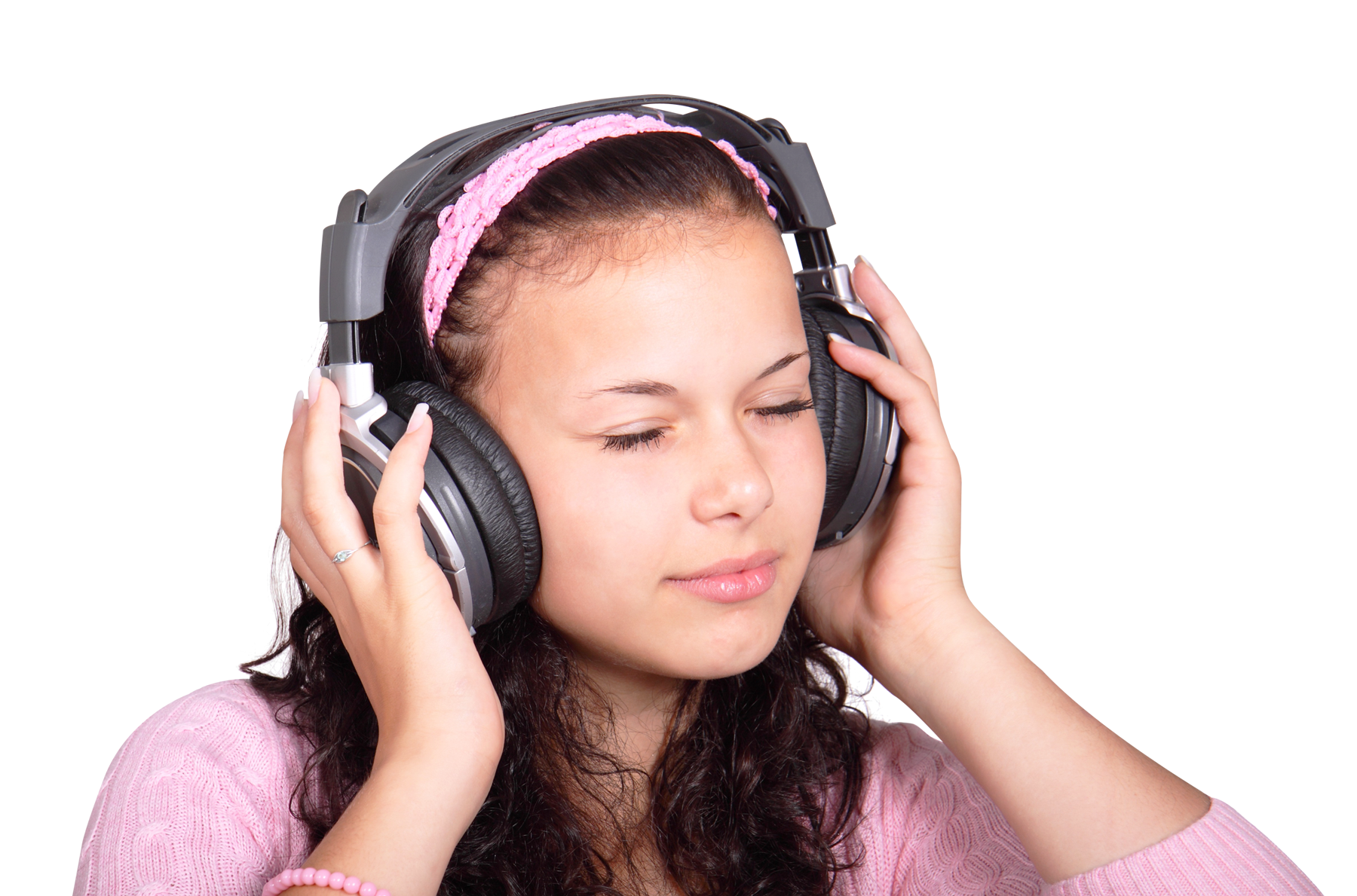 Woman Listening To Music With Black And Silver Headphones Isolated On Transparent Background