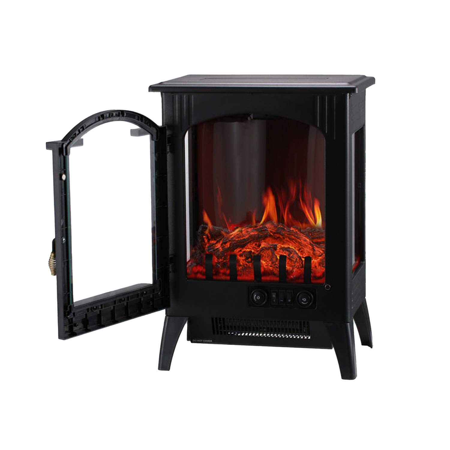 Freestanding Black Fireplace Stove Heater With Glass Door And Flames PNG