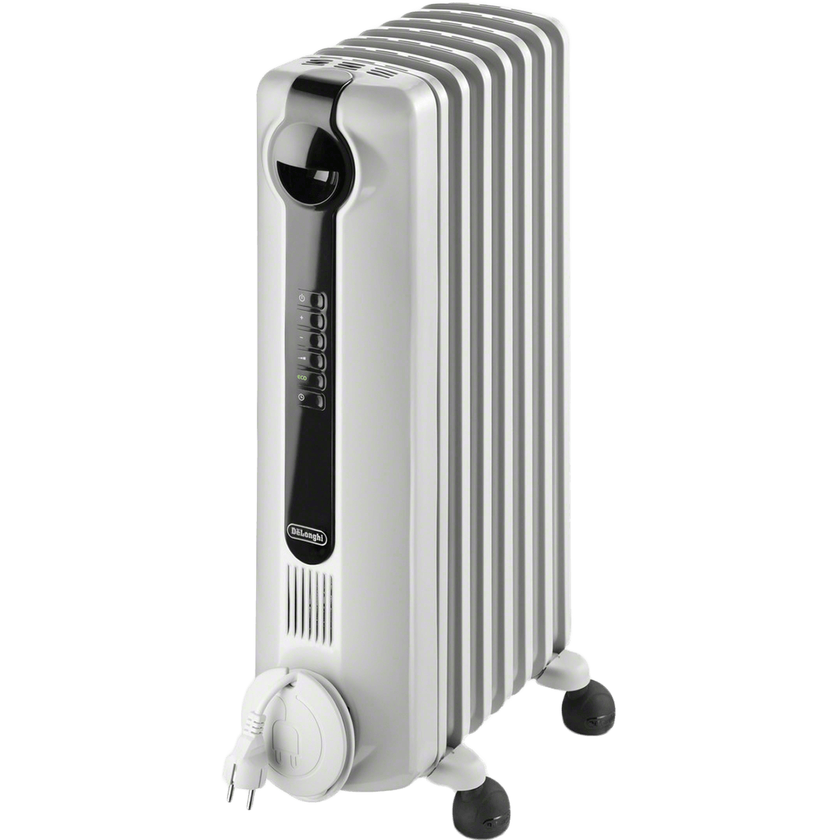 White Finned Oil Filled Radiator Heater With Stable Floor Feet PNG