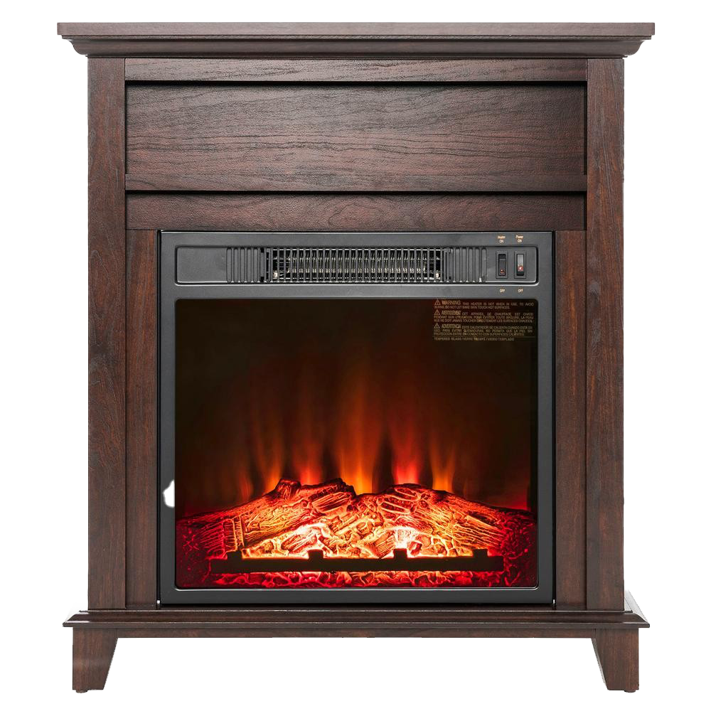 Wooden Electric Fireplace Heater Cabinet With Glowing Fire PNG Image