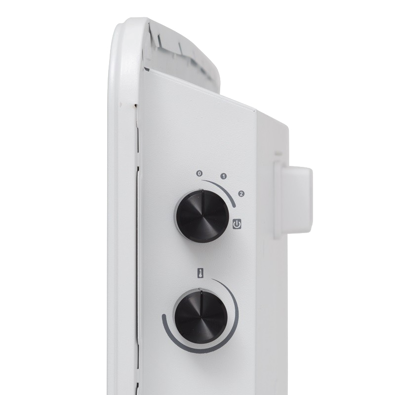 White Wall Mounted Fan Heater Side View With Two Control Dials PNG Image
