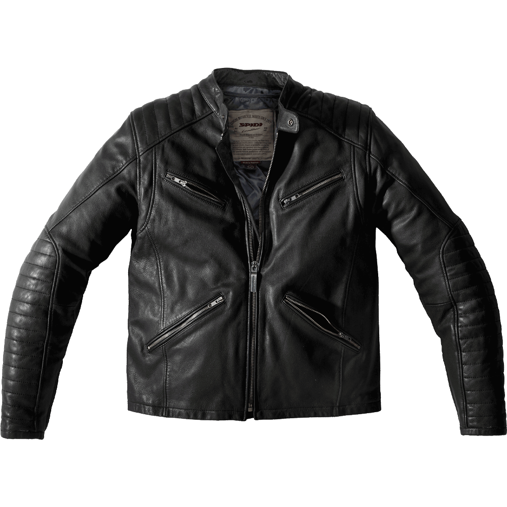 Black Leather Biker Jacket With Belted Hem And Zipper Front Product Photo