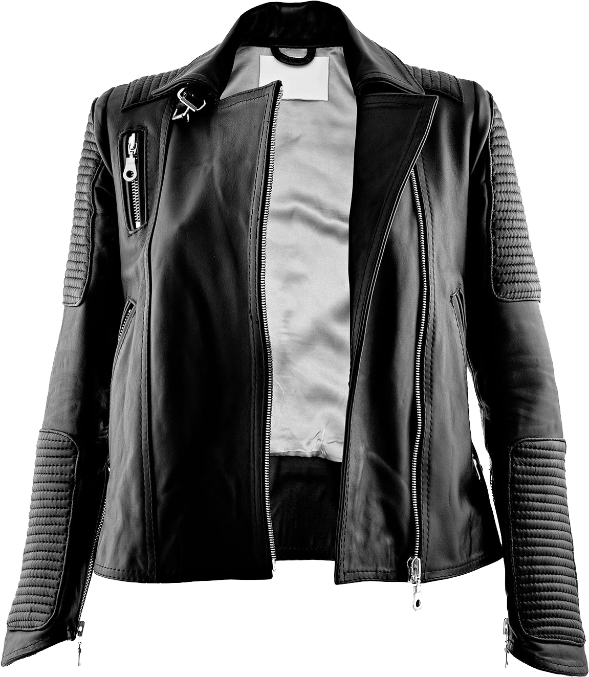 Black Leather Biker Jacket With Silver Zippers Fashion PNG Image