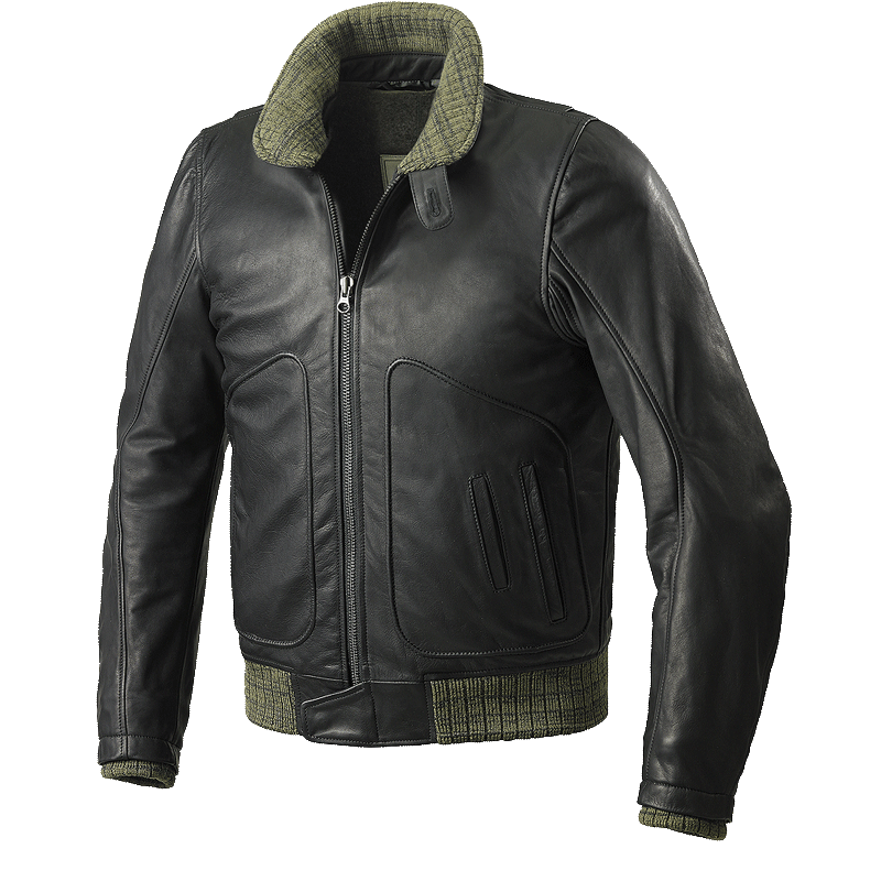 Black Leather Bomber Jacket With Warm Fur Collar Isolated PNG