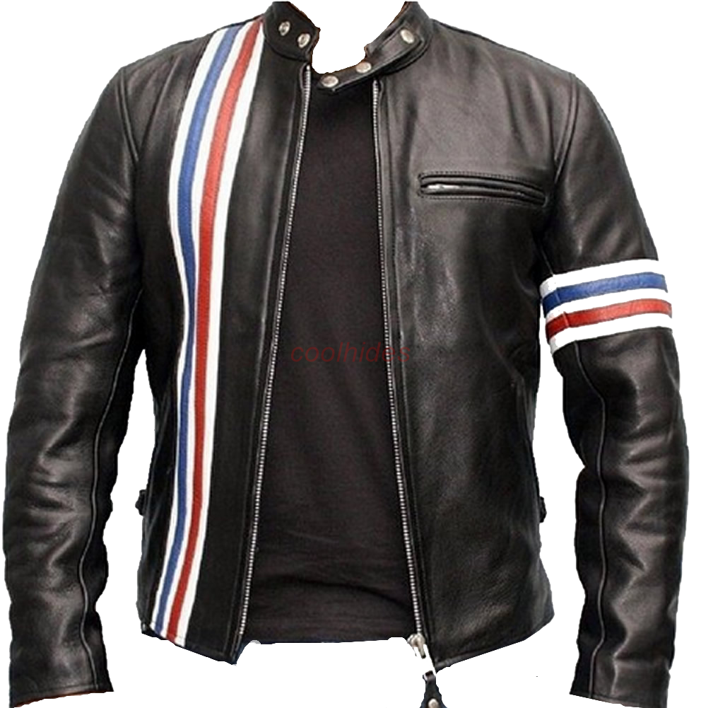 Black Leather Jacket With Red White And Blue Racing Stripes PNG