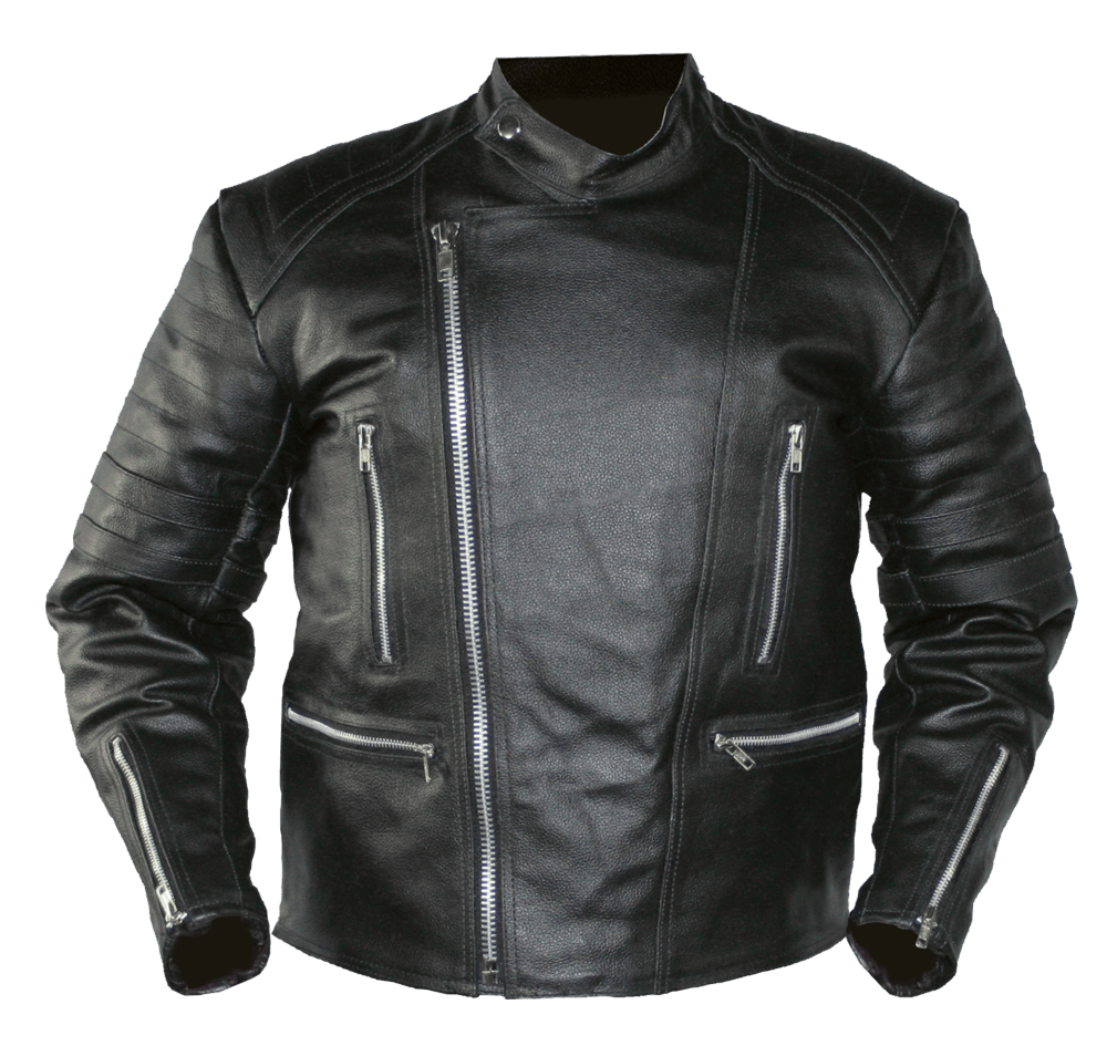 Black Leather Jacket With Zip Pockets And Silver Hardware PNG Image