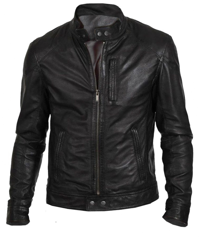 Black Leather Moto Jacket With Shoulder Panels And Zip Pockets PNG