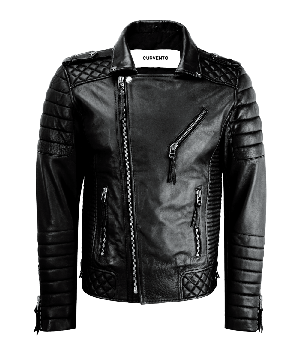 Black Quilted Leather Motorcycle Jacket With Silver Hardware PNG