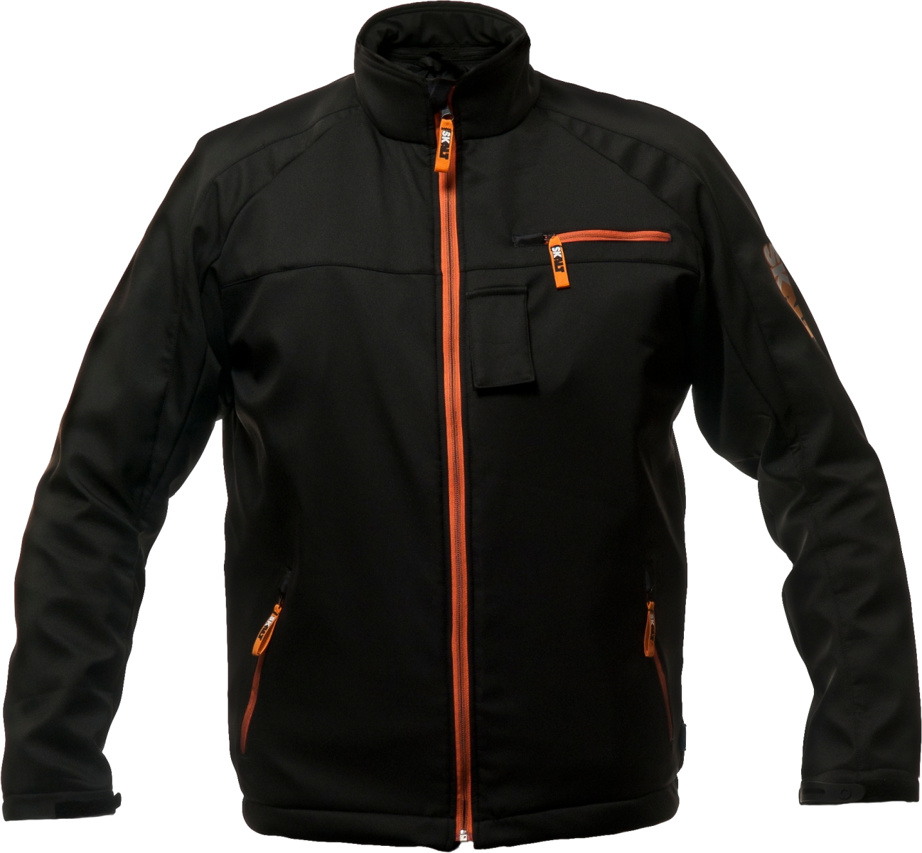 Black Work Jacket With Orange Zipper Trim And Chest Pocket PNG Image