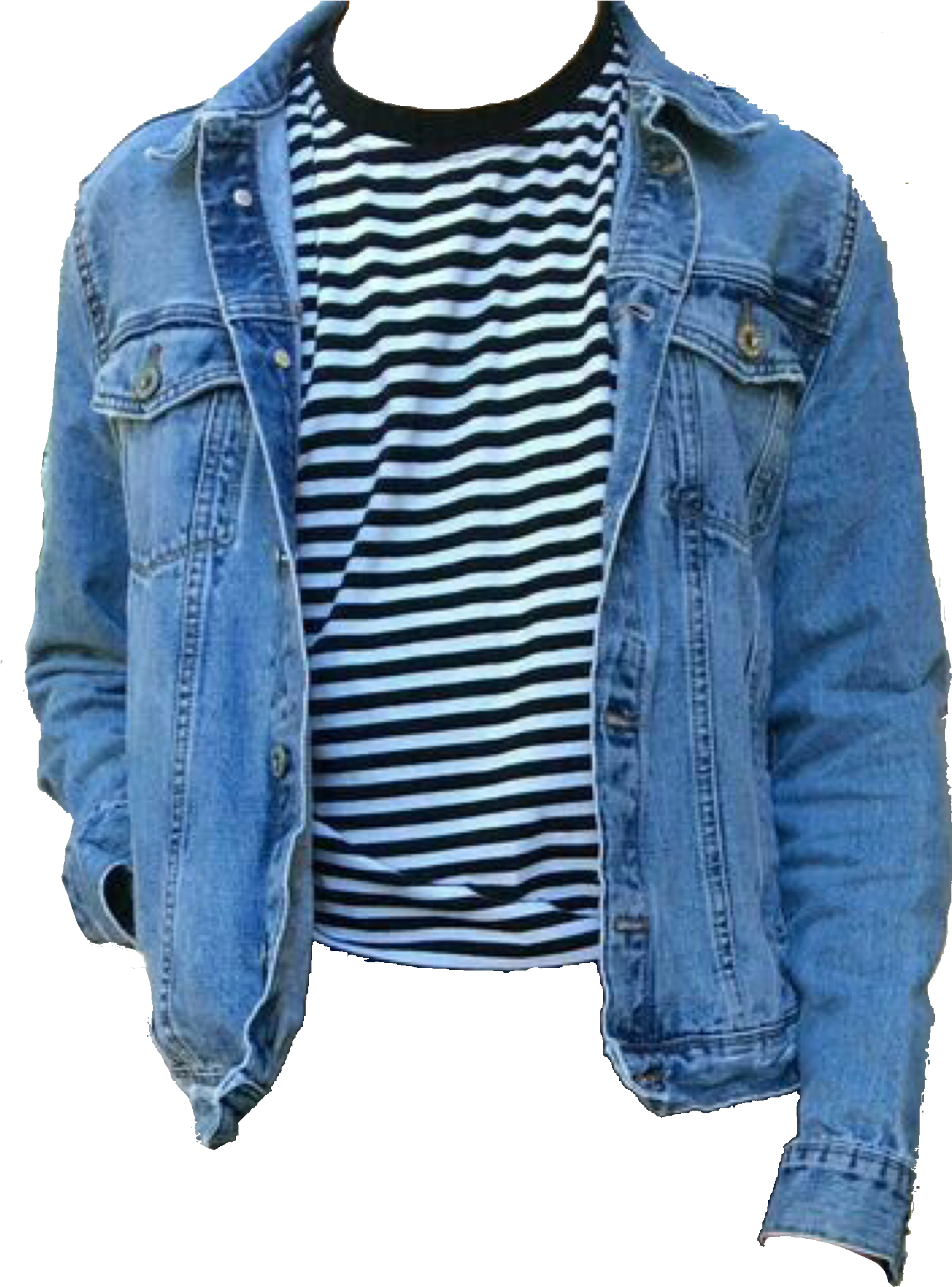 Blue Denim Jacket Layered Over Striped Shirt Fashion Product Photo